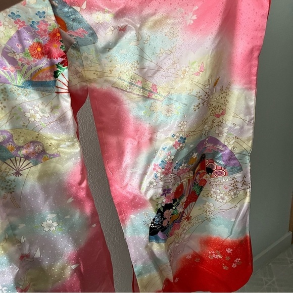 VINTAGE Girl's Pink Kimono Butterflies Flowers Ombre w/ Orange Tie - Picture 9 of 16